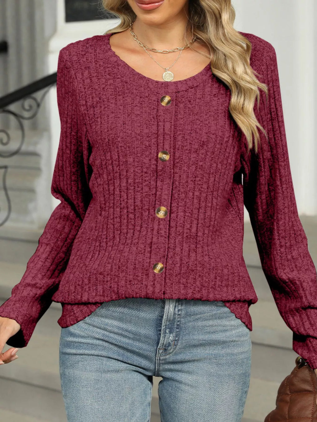 Ribbed Round Neck Long Sleeve Top (22)