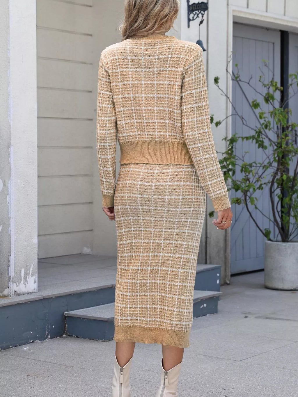 Plaid Knit Cardigan Midi Skirt Sweater Set (16)