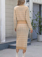 Plaid Knit Cardigan Midi Skirt Sweater Set (16)