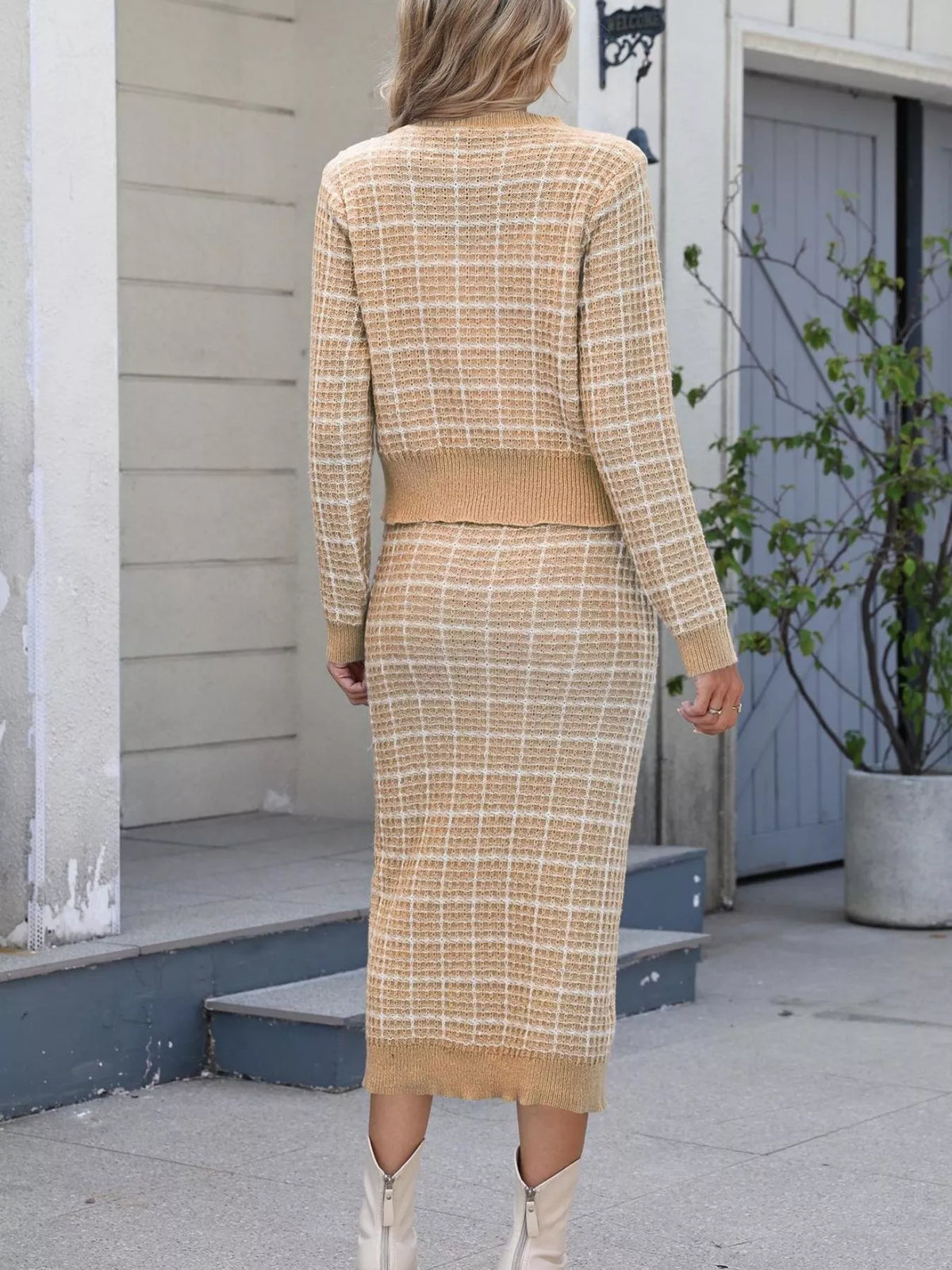 Plaid Knit Cardigan Midi Skirt Sweater Set (16)