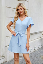 Tied Button Up Short Sleeve Mini Shirt Dress (2)