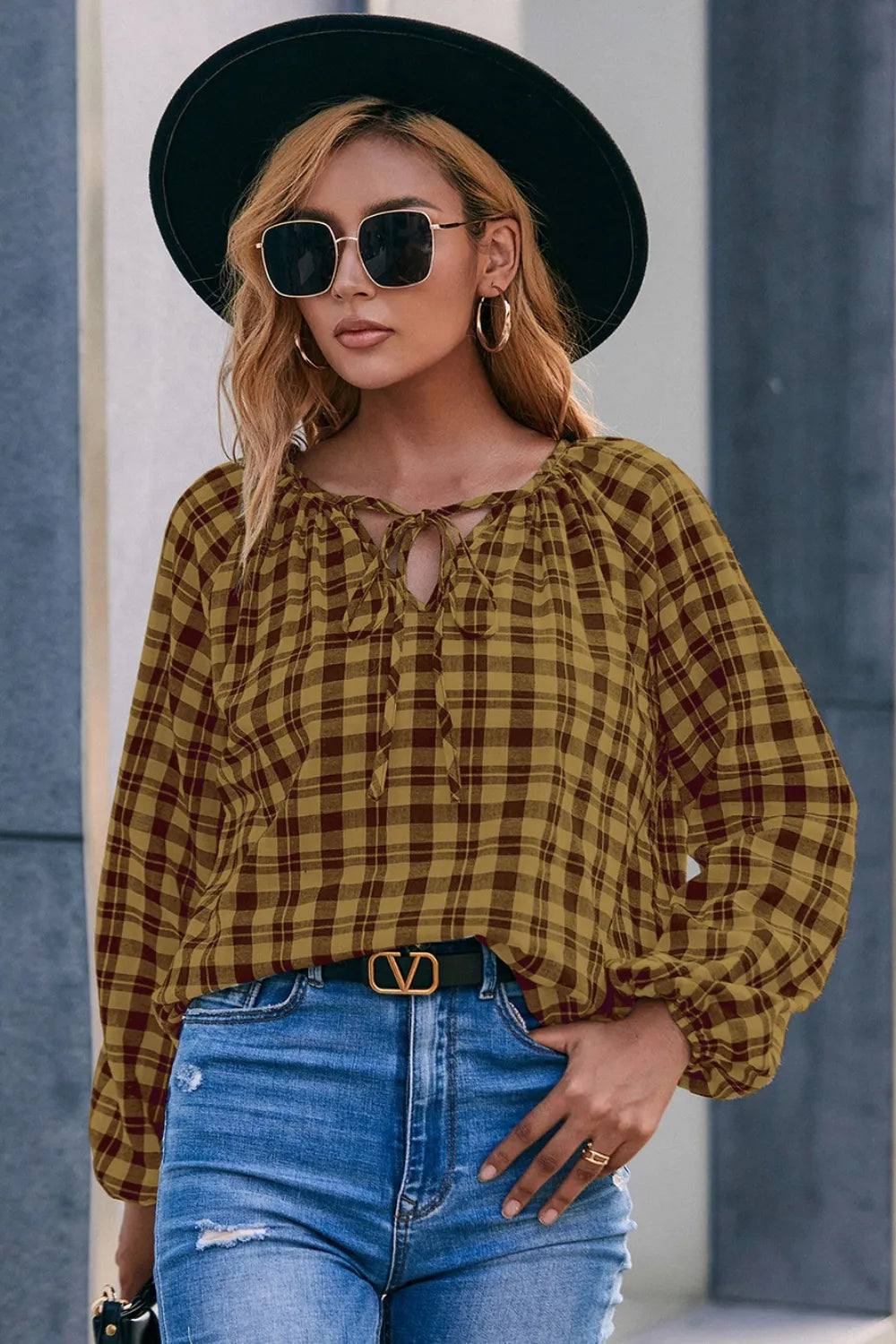 Plaid Tie Neck Balloon Sleeve Blouse (5)