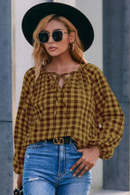 Plaid Tie Neck Balloon Sleeve Blouse (5)
