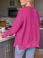 Slit Round Neck Dropped Shoulder Sweater (33)