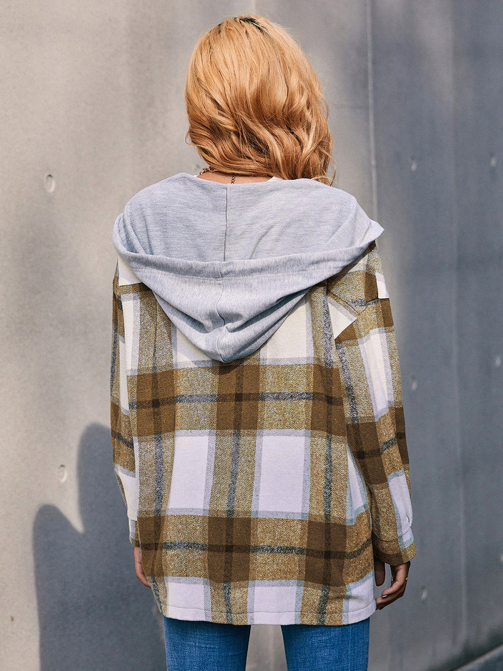 Plaid Dropped Shoulder Hooded Jacket (2)