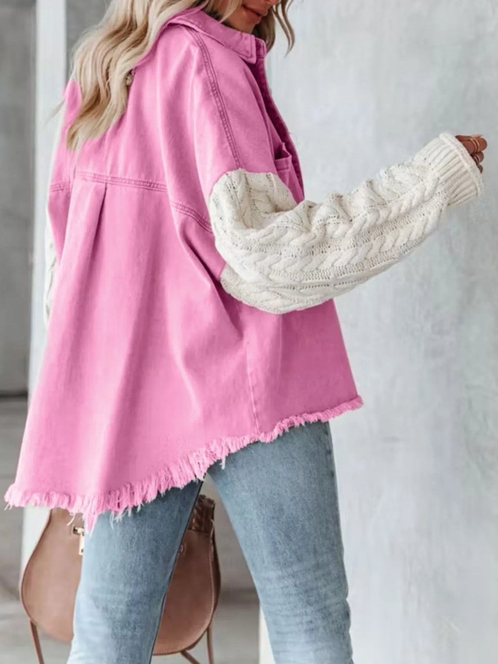 Full Size Raw Hem Button Up Patchwork Denim Jacket Plus (6)