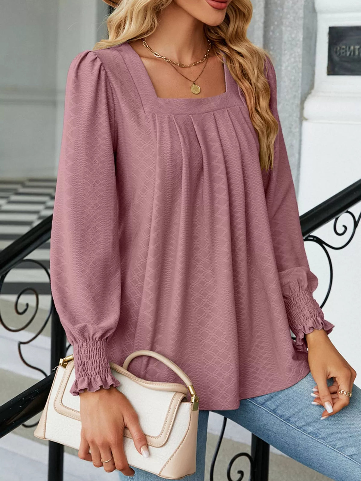 Pleated Square Neck Long Sleeve Top (21)