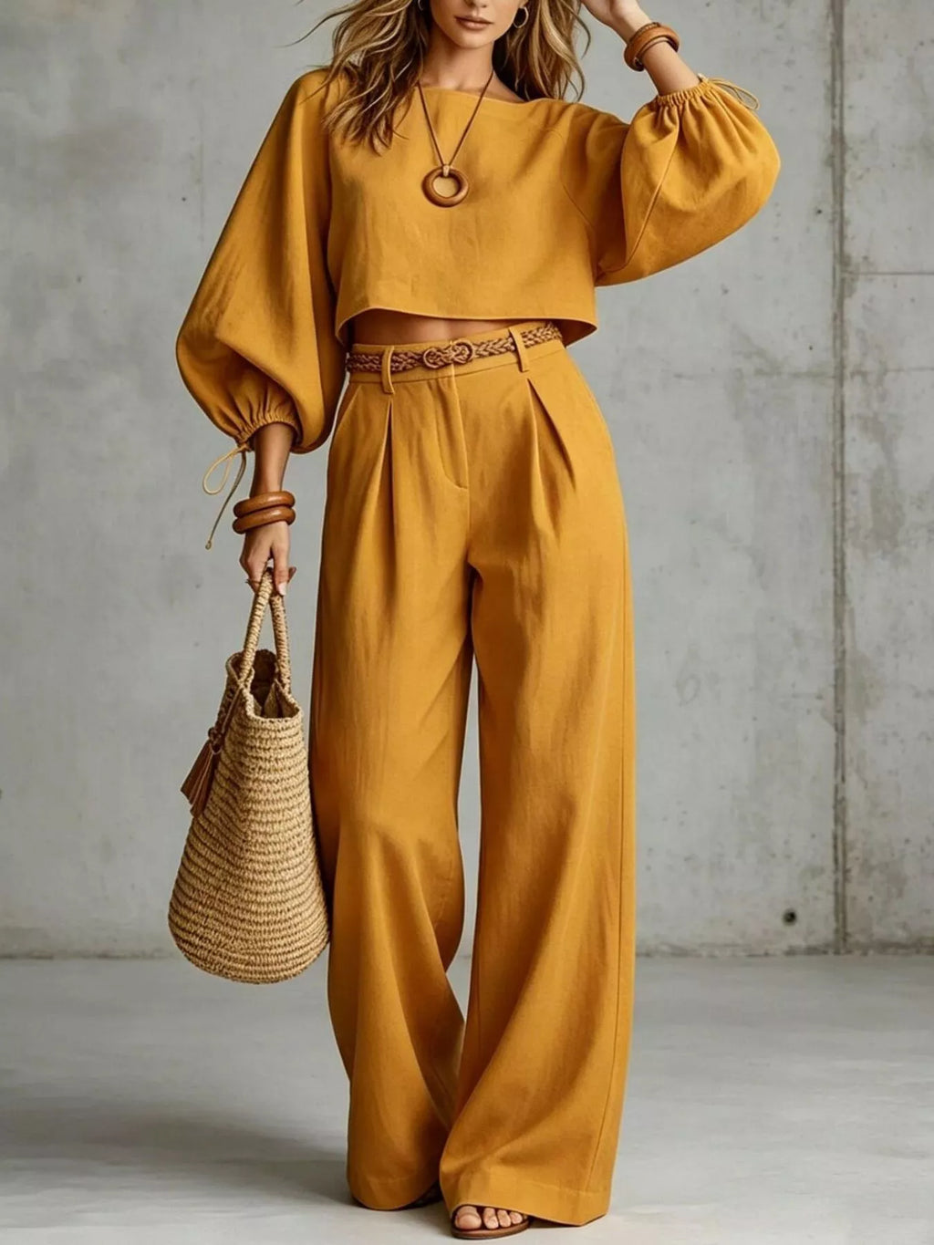 Balloon Sleeve Crop Top Wide-leg Pants Set