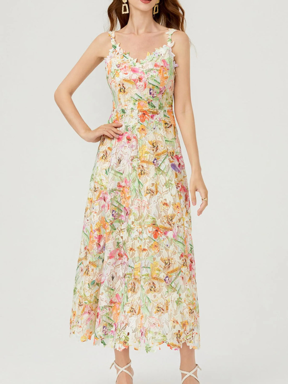 Floral Lace Sleeveless V-neck Midi Dress (3)