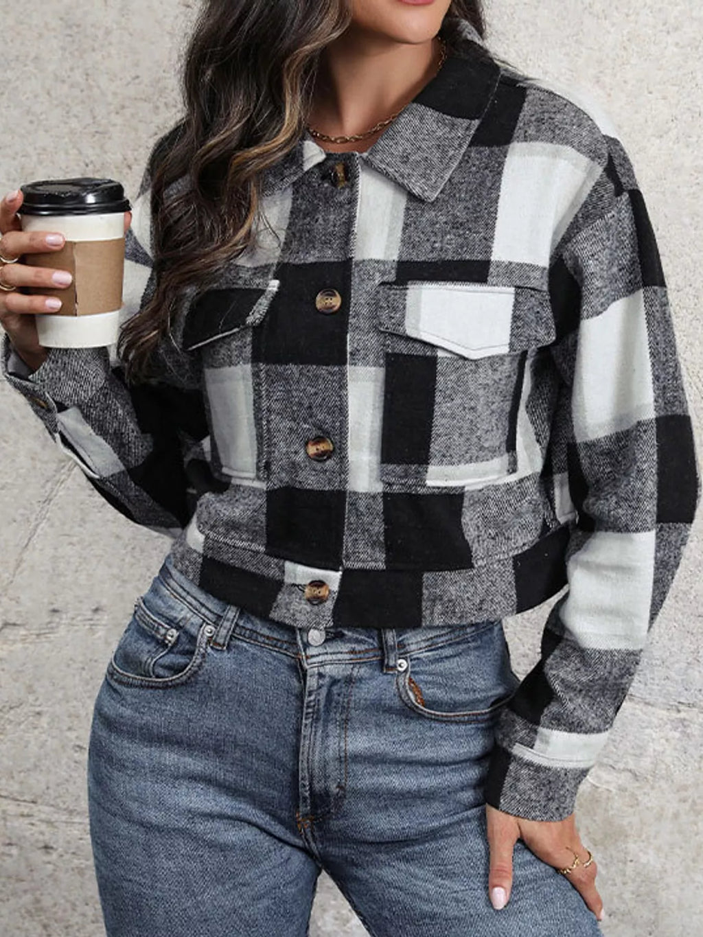 Plaid Button-up Cropped Jacket (30)