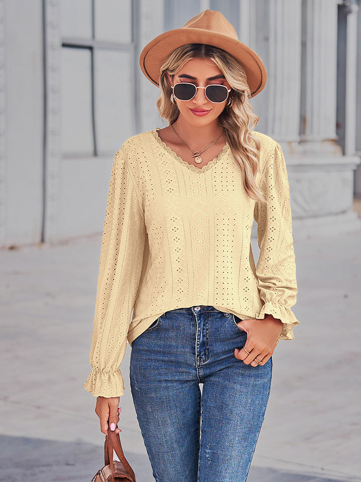 Eyelet V-neck Flounce Sleeve Blouse (3)