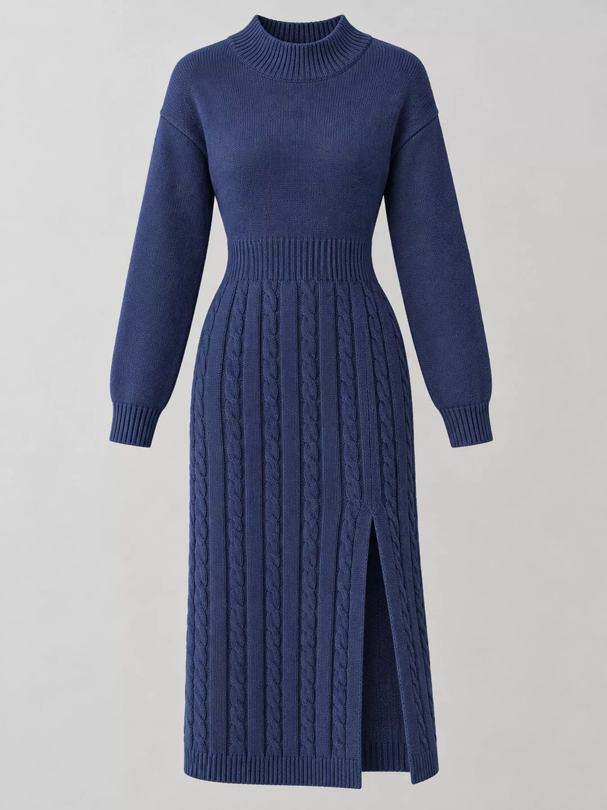 Full Size Mock Neck Cable Knit Sweater Dress Front Slit Plus (53)