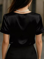 Elegant V-neck Short Sleeve Ruched Top (6)