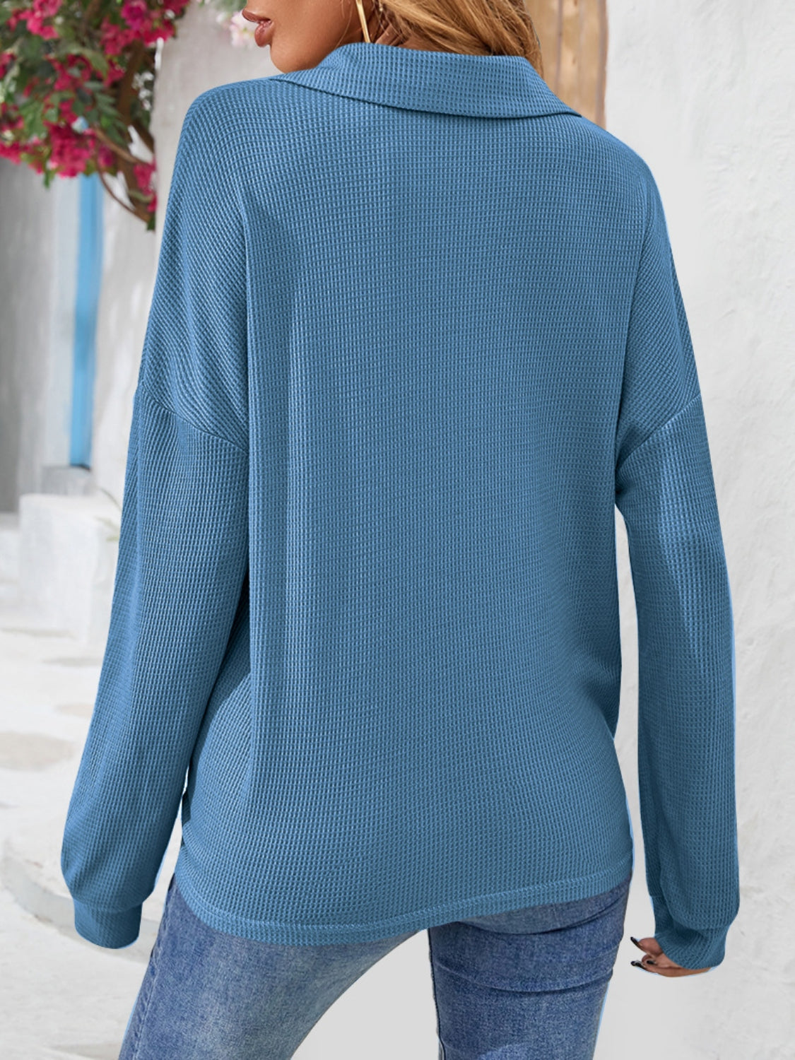 Half Button Collared Neck Long Sleeve Top (12)