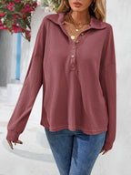 Half Button Collared Neck Long Sleeve Top (2)