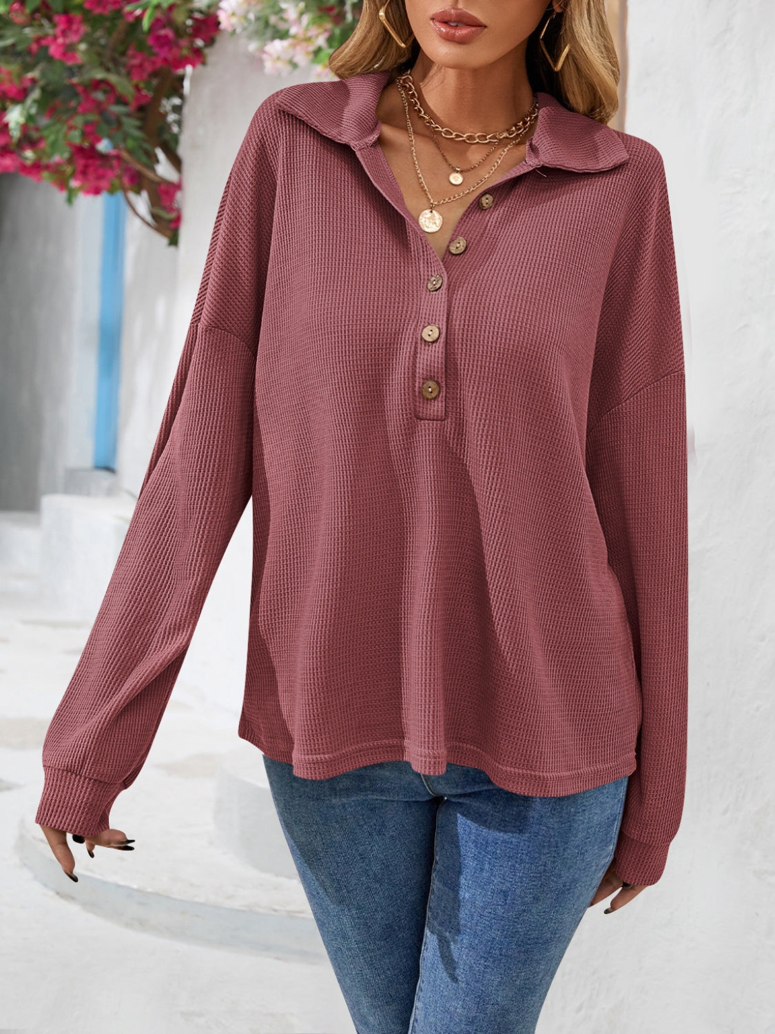 Half Button Collared Neck Long Sleeve Top (2)