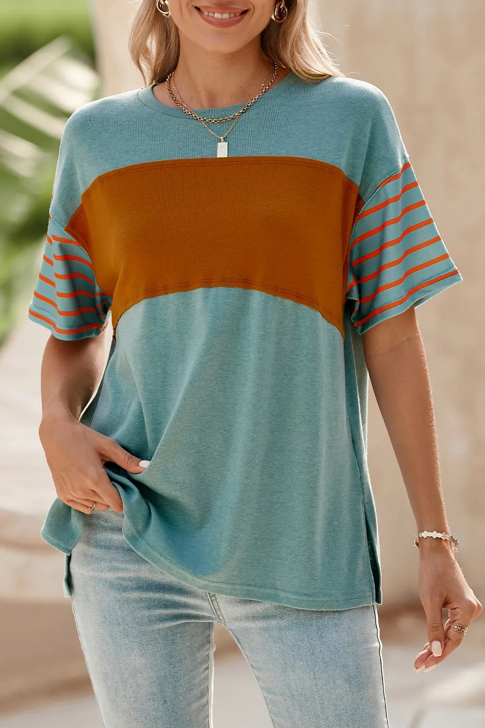 Striped Round Neck Short Sleeve T-shirt