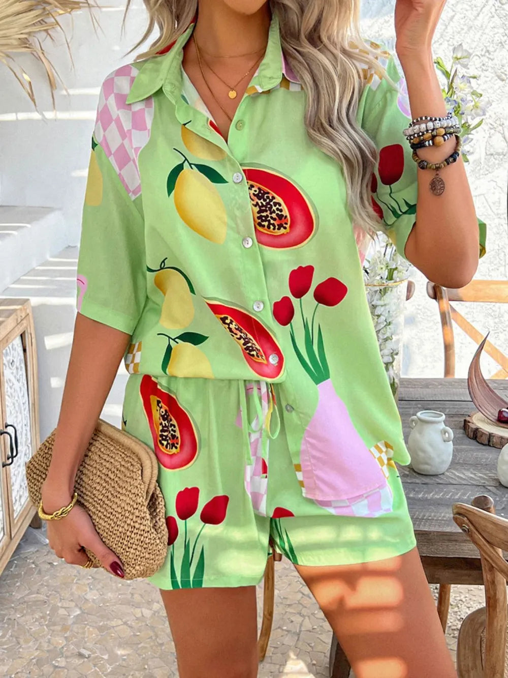 Printed Button Down Shirt Shorts Set (27)