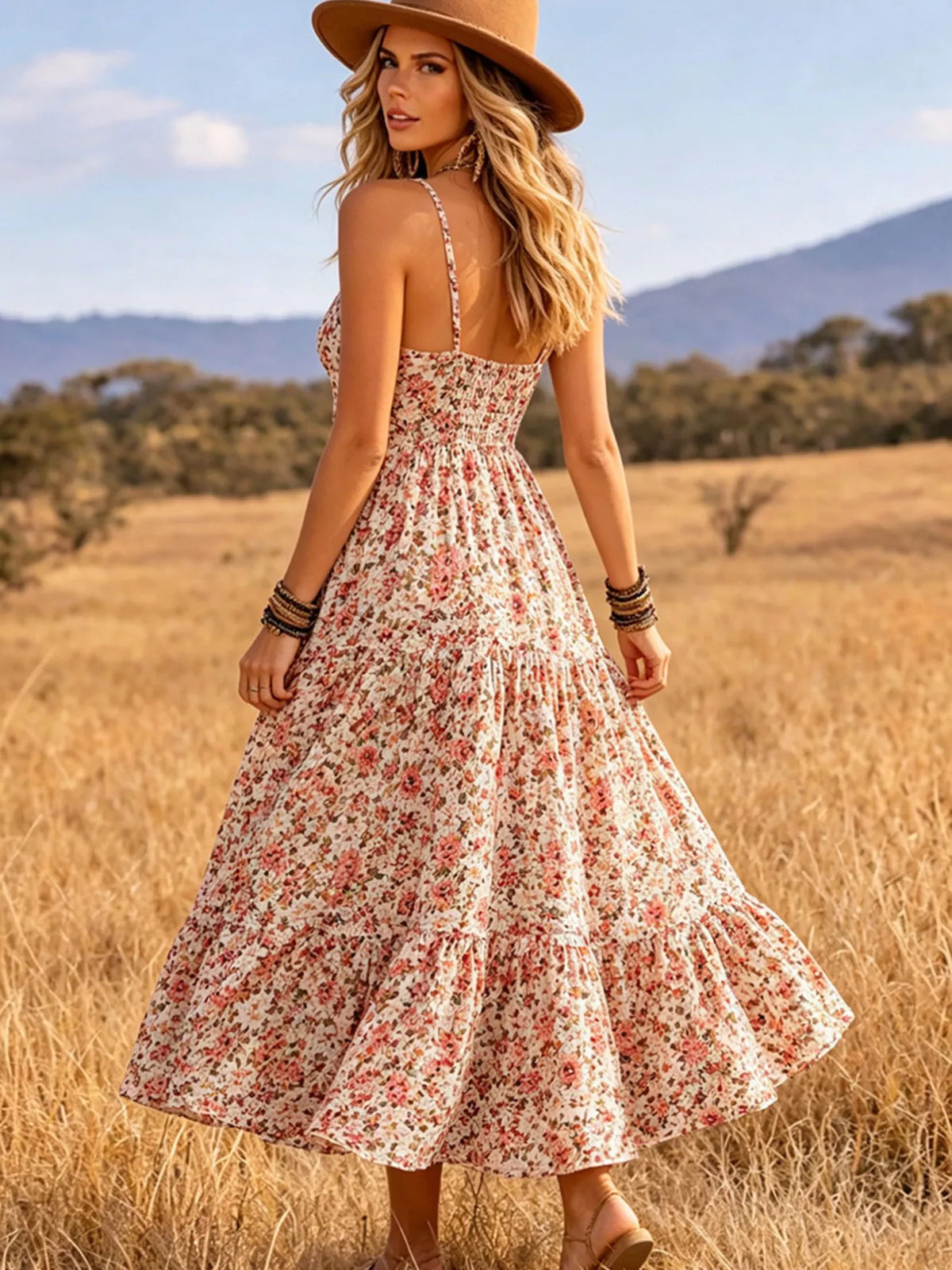 Floral Print V-neck Midi Dress (2)