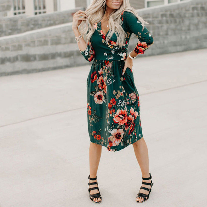 Printed Long Sleeve V-neck Pocket Dress photo 6