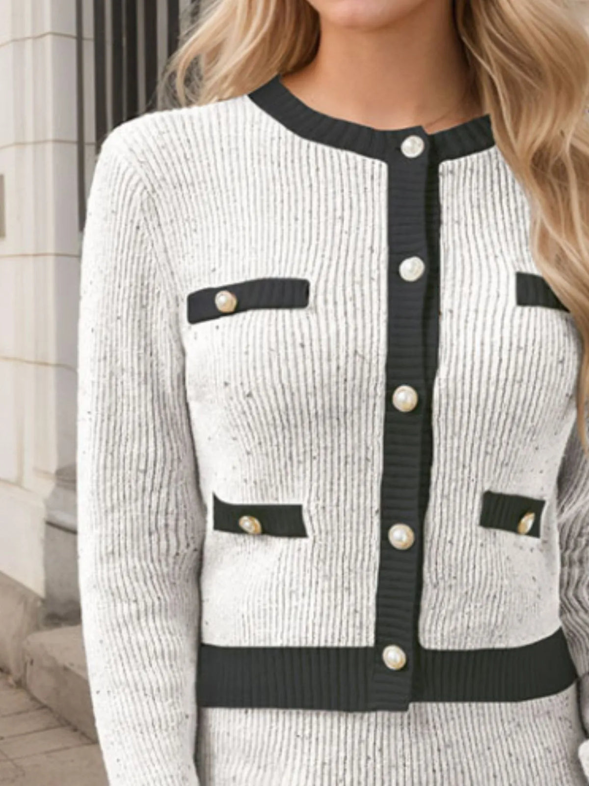 Contrast Trim Ribbed Top Skirt Sweater Set (2)