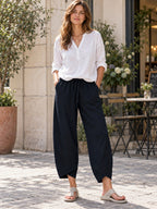 Elastic-Waist Pants with Pockets and Side Slits styled on a model
