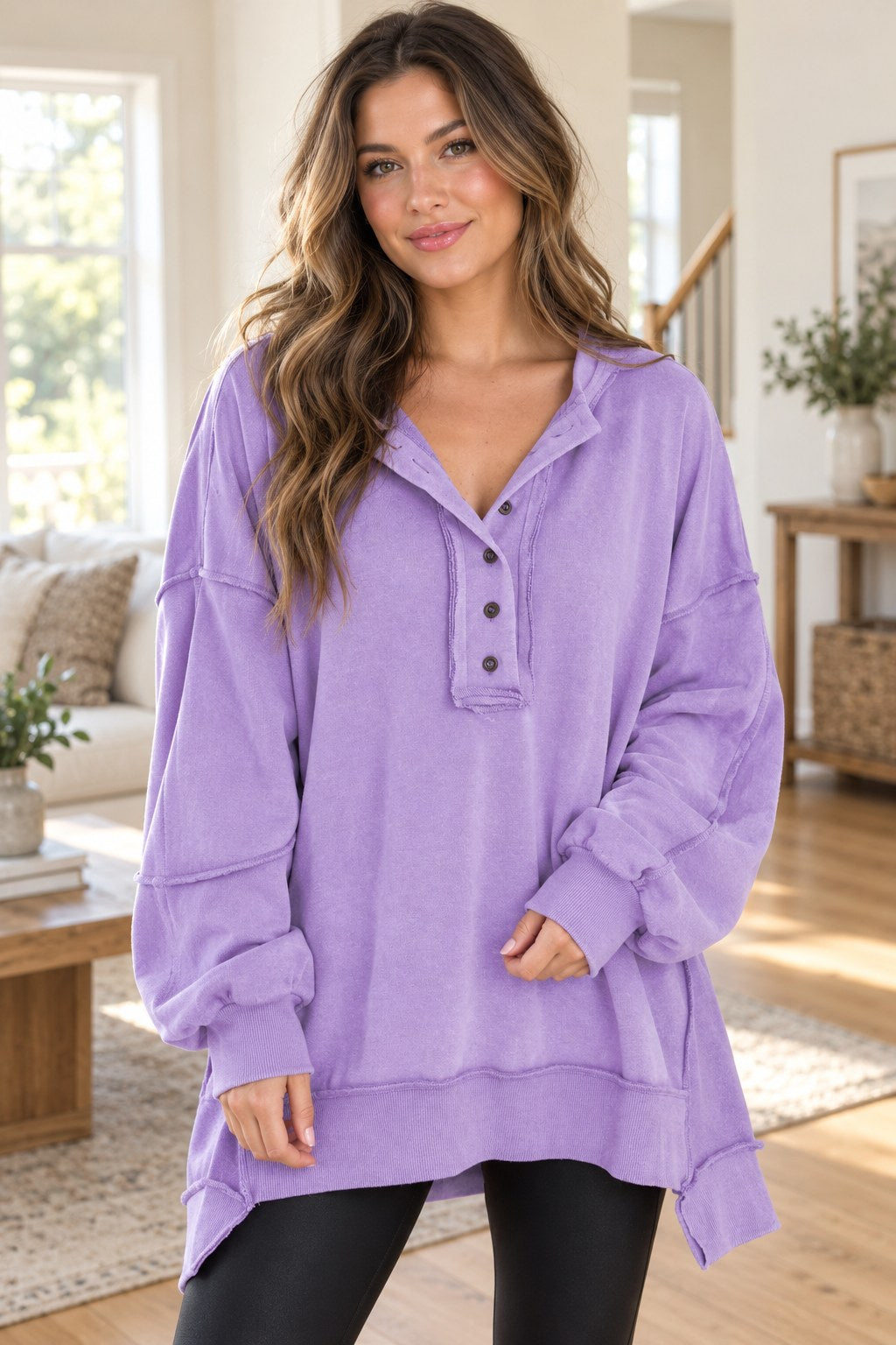 Exposed Seam Long Sleeve Sweatshirt styled on a model
