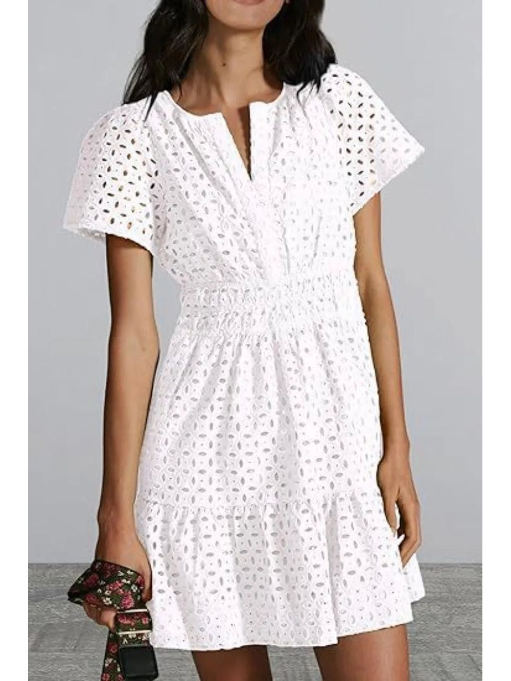 Eyelet Notched Short Sleeve Mini Dress