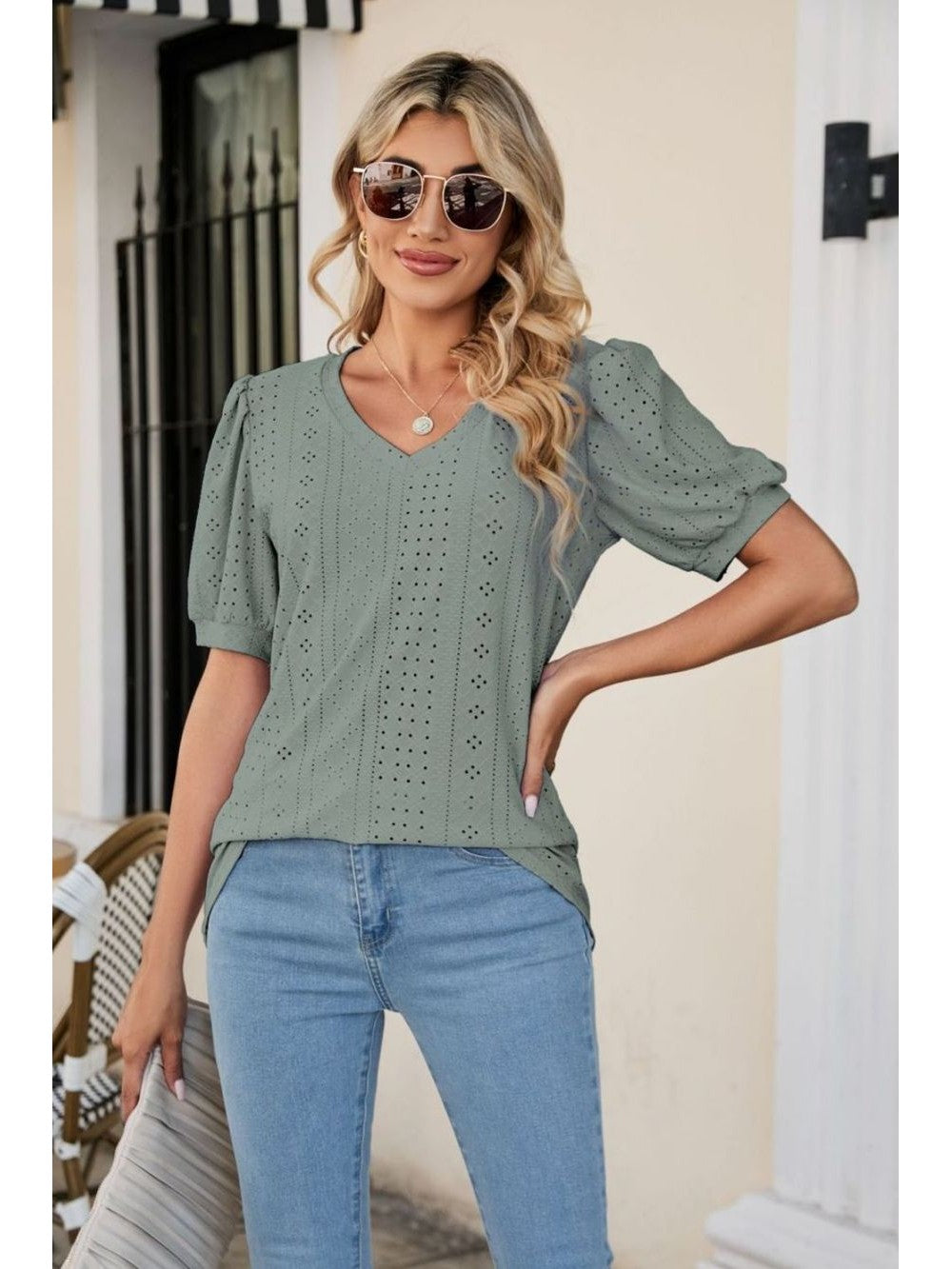 Eyelet Puff Sleeve V-neck Top