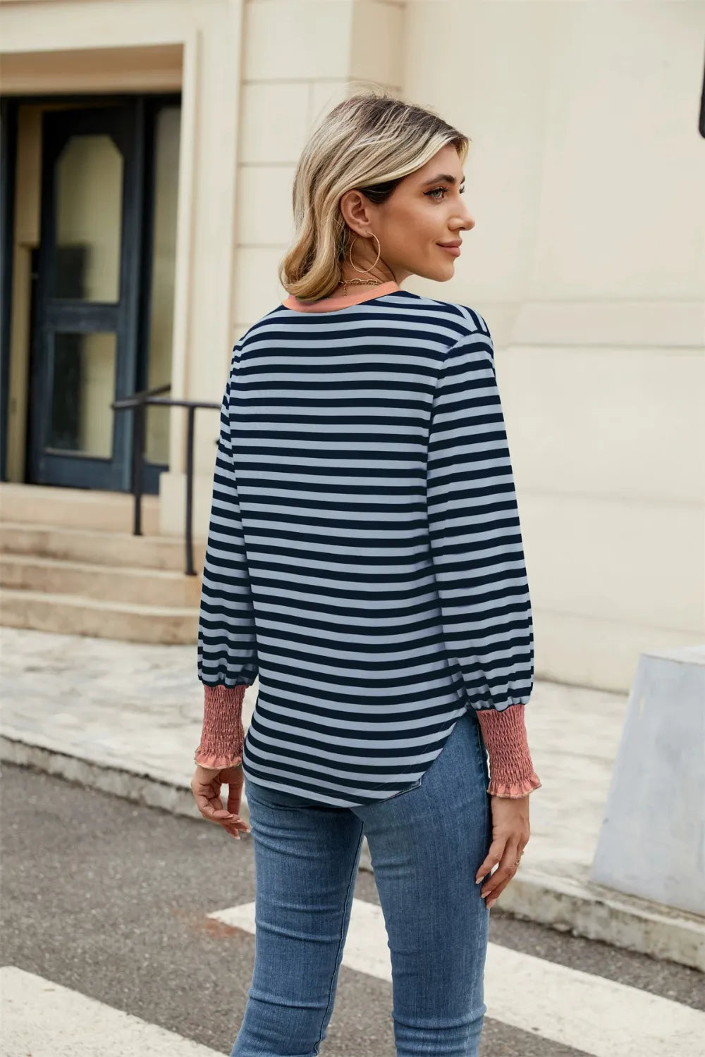 Contrast Striped Notched Long Sleeve Top (20)