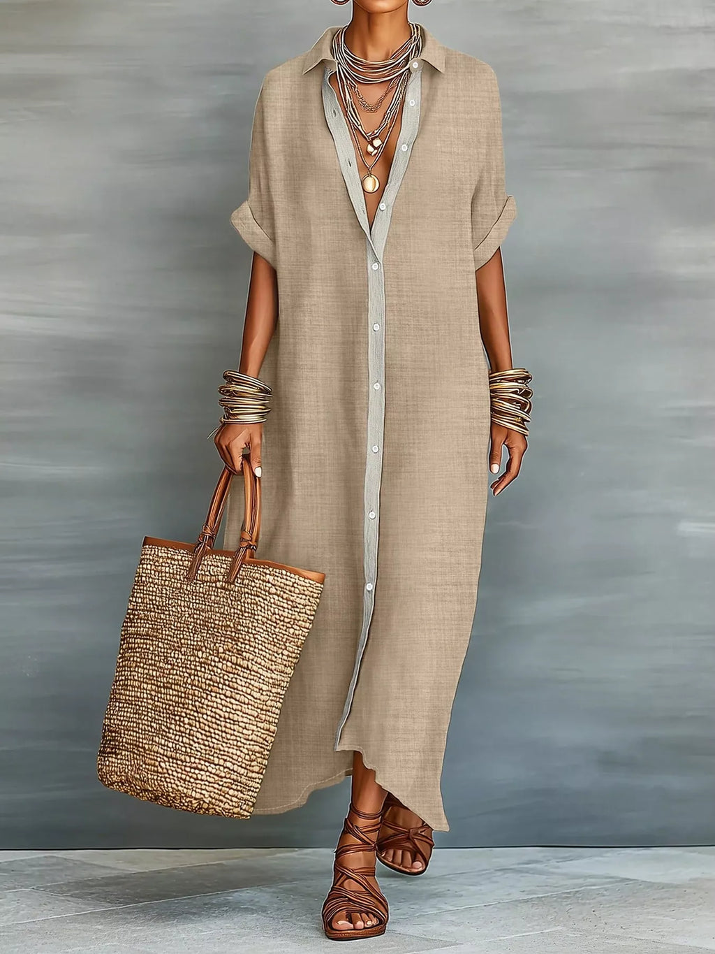 Casual Linen Shirt Dress Button-down Front