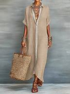 Casual Linen Shirt Dress Button-down Front