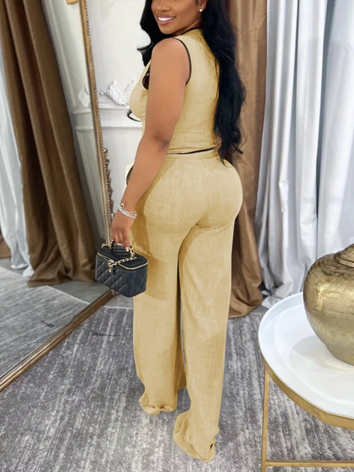 Contrast Trim Vest Wide-leg Pants Two-piece Set (2)
