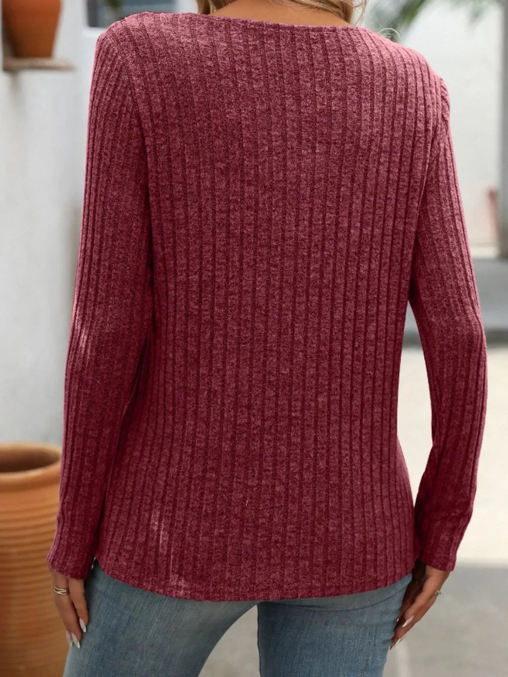 Ribbed V-neck Long Sleeve T-shirt (8)