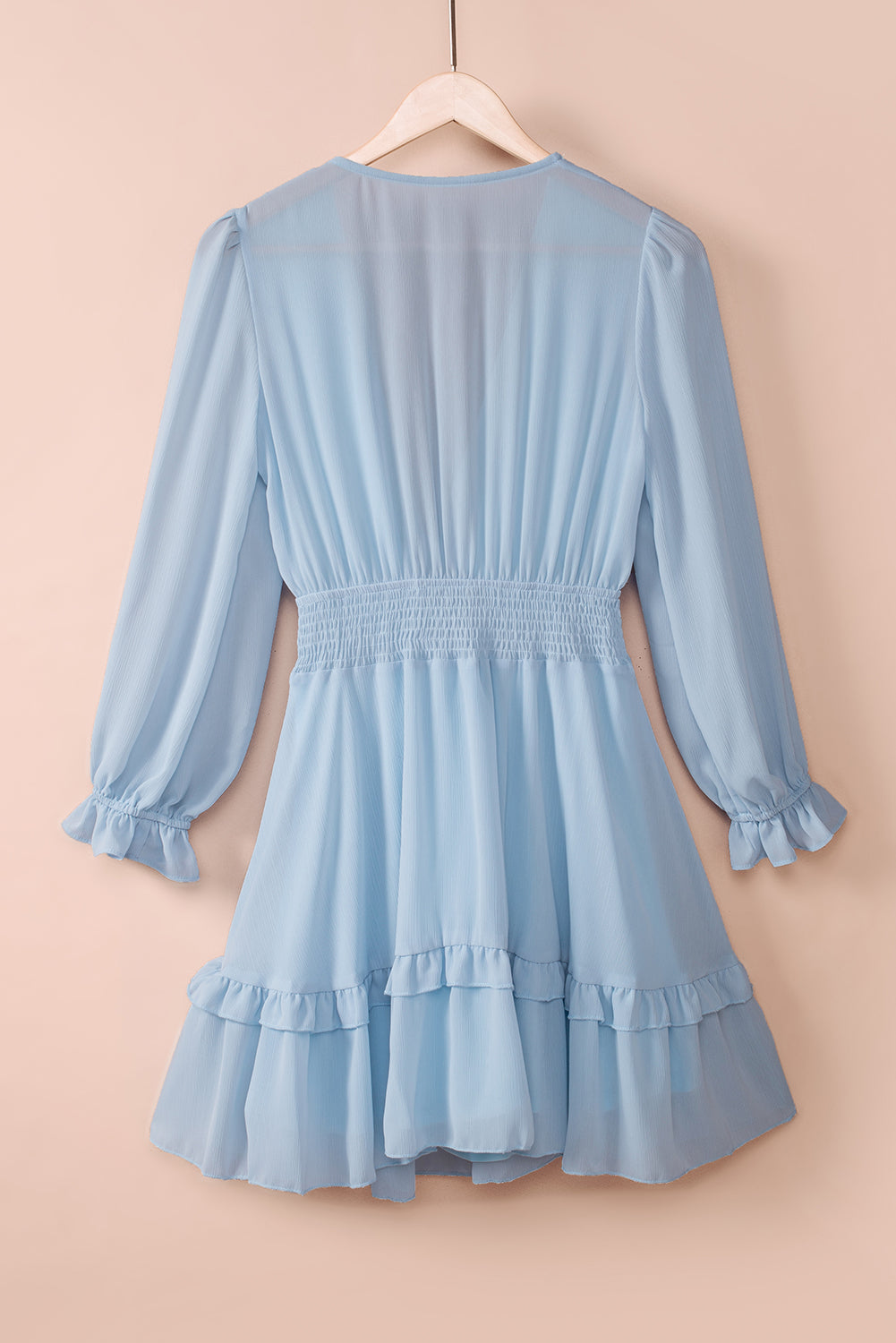 Tied Plunge Smocked Waist Flounce Sleeve Dress (15)