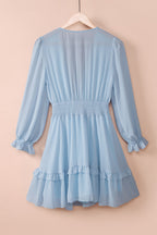 Tied Plunge Smocked Waist Flounce Sleeve Dress (15)