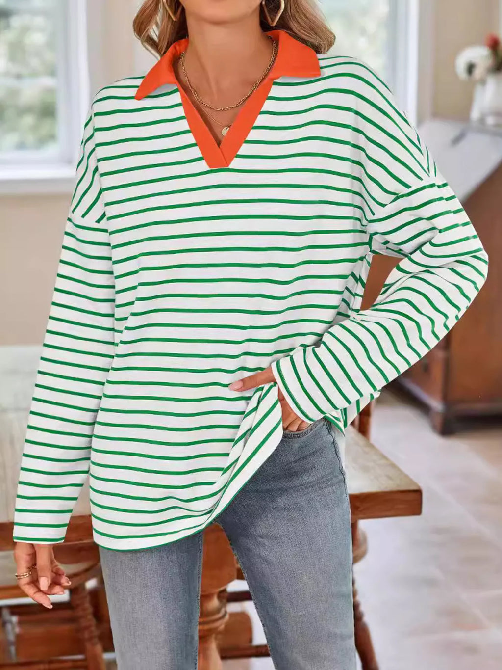 Oversized Striped Johnny Collar T-shirt (7)