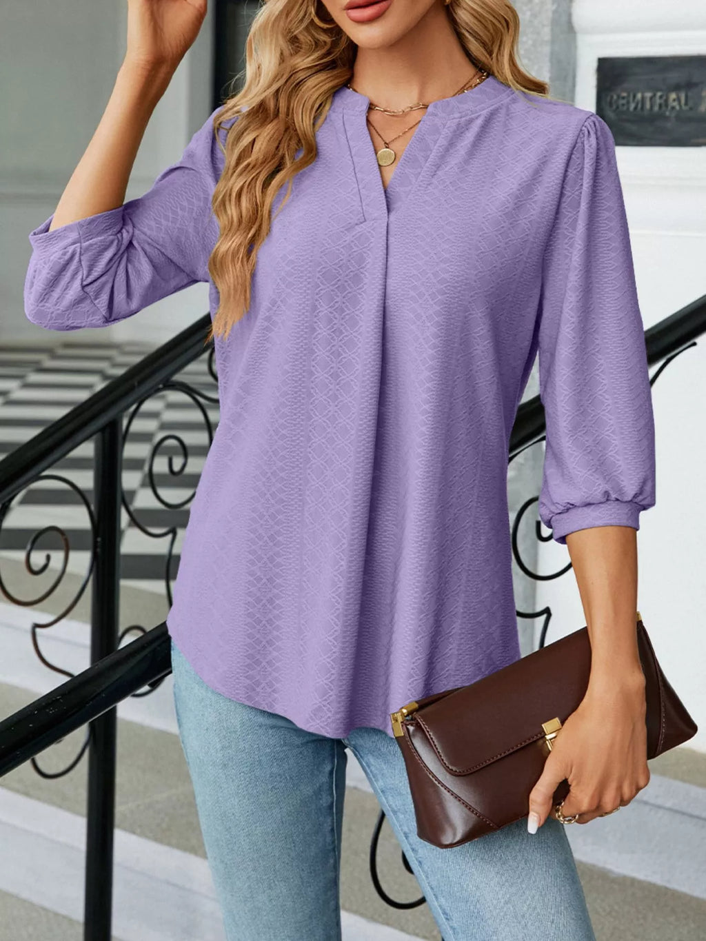 Notched 3/4 Sleeve Casual Top (3)