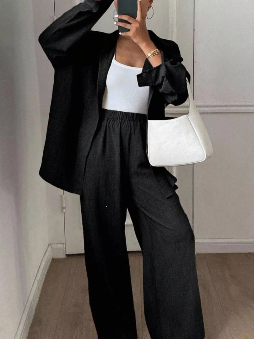 Button Up Long Sleeve Shirt Wide Leg Pants Set (20)