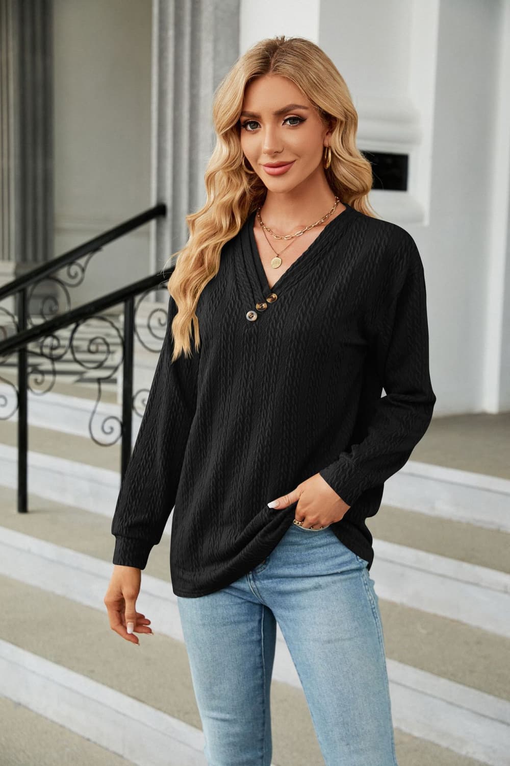 Decorative Button V-neck Long Sleeve T-shirt (25)
