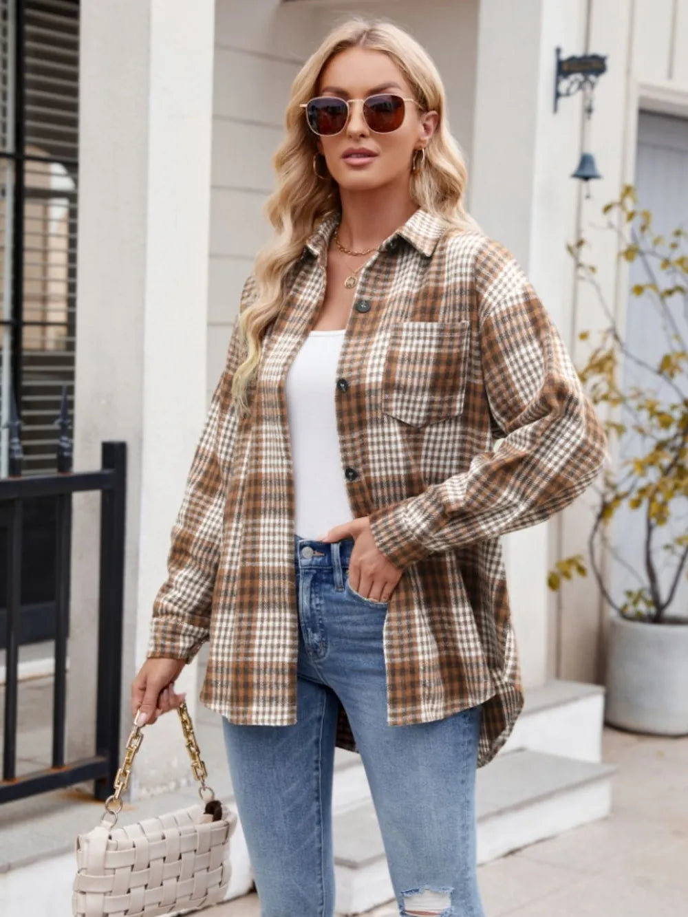 Pocketed Plaid Collared Neck Long Sleeve Shirt (8)