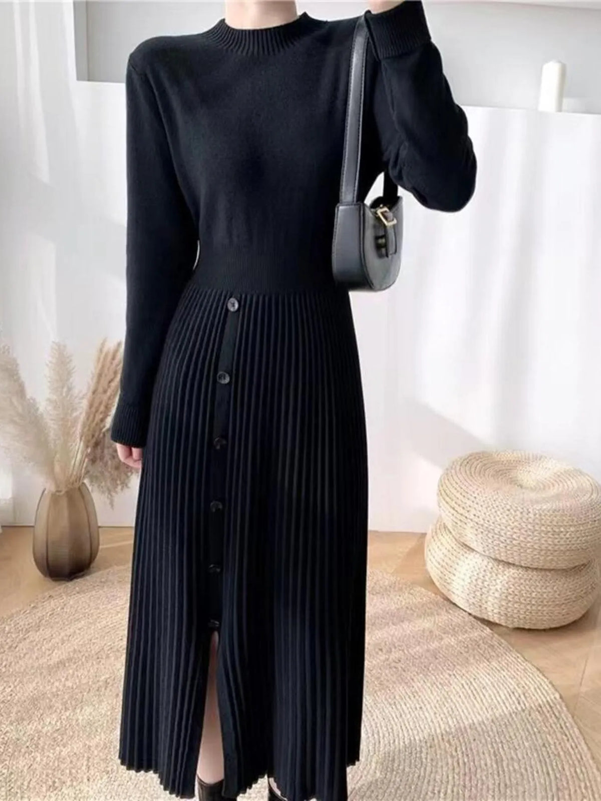 Slit Front Mock Neck Long Sleeve Knit Dress (4)