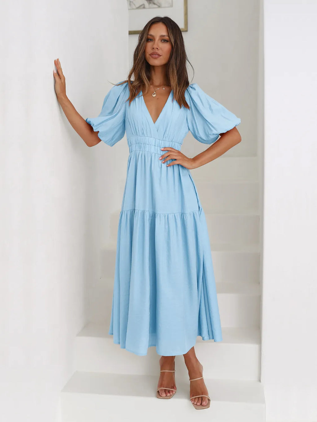 Surplice Half Puff Sleeve Midi Dress (13)