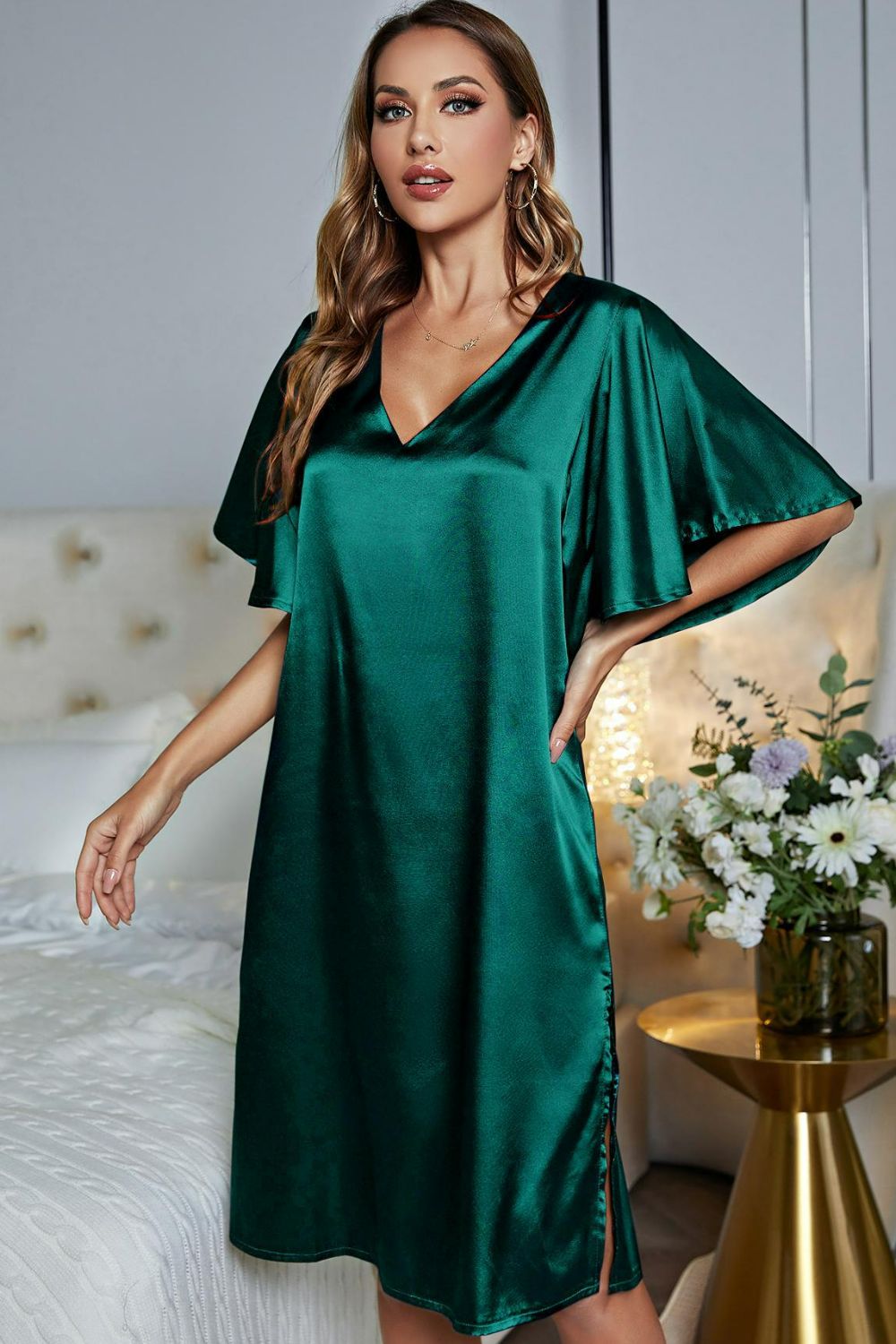 Satin Flutter Sleeve Side Slit V-neck Night Dress (7)