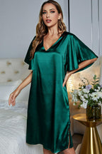 Satin Flutter Sleeve Side Slit V-neck Night Dress (7)