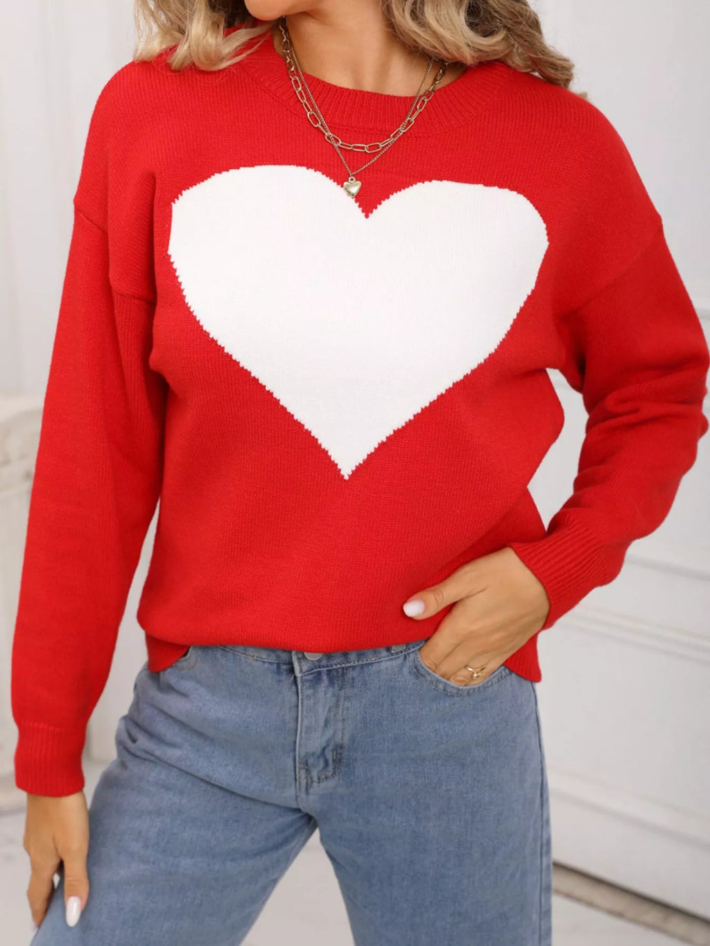 Valentine's Day Heart Round Neck Dropped Shoulder Sweater (12)
