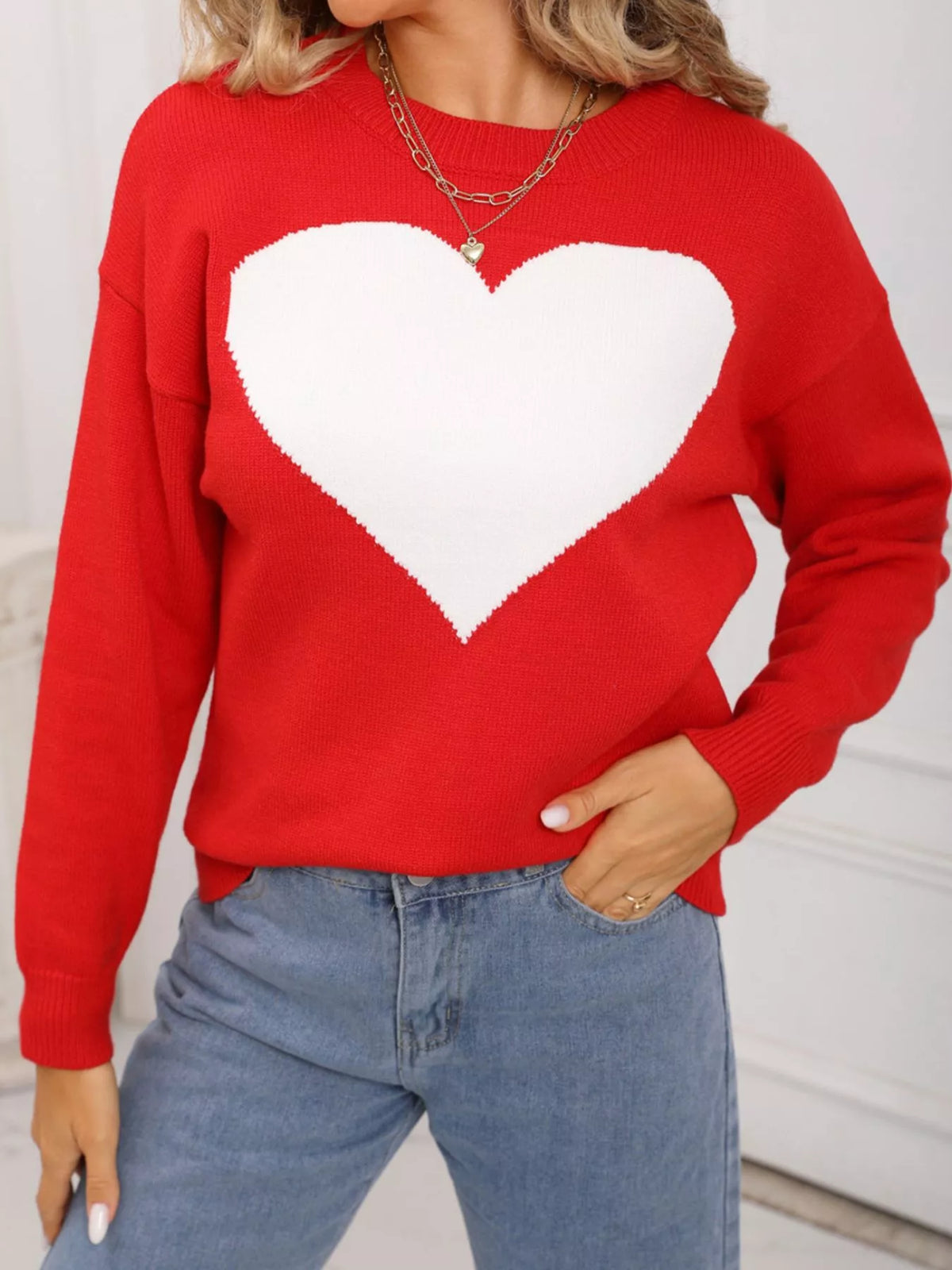 Valentine's Day Heart Round Neck Dropped Shoulder Sweater (12)