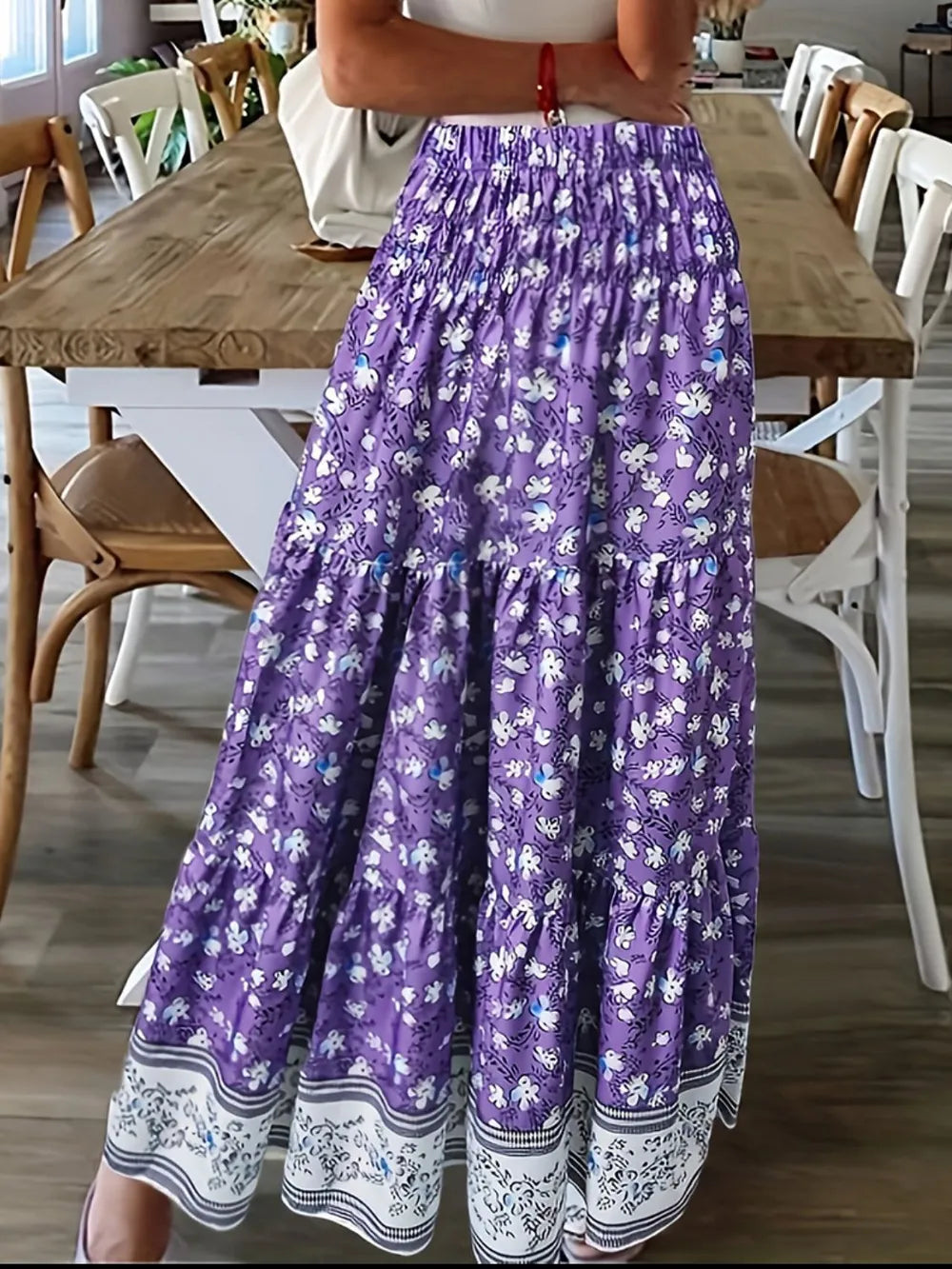 Full Size Tiered Printed Elastic Waist Skirt (10)