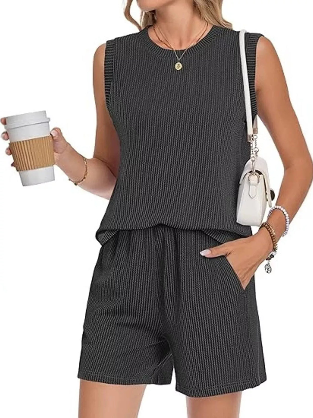 Casual Ribbed Knit Sleeveless Top Shorts Set (11)