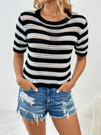 Openwork Striped Round Neck Short Sleeve Knit Top (10)